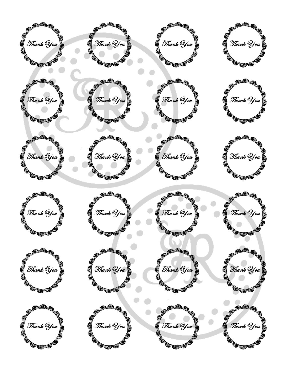 Thank You Stickers, Thank You Scallop Labels, Cupcake Toppers, Envelope Seals, Digital/Printable Stickers 24 in a Sheet, Wedding Thank You