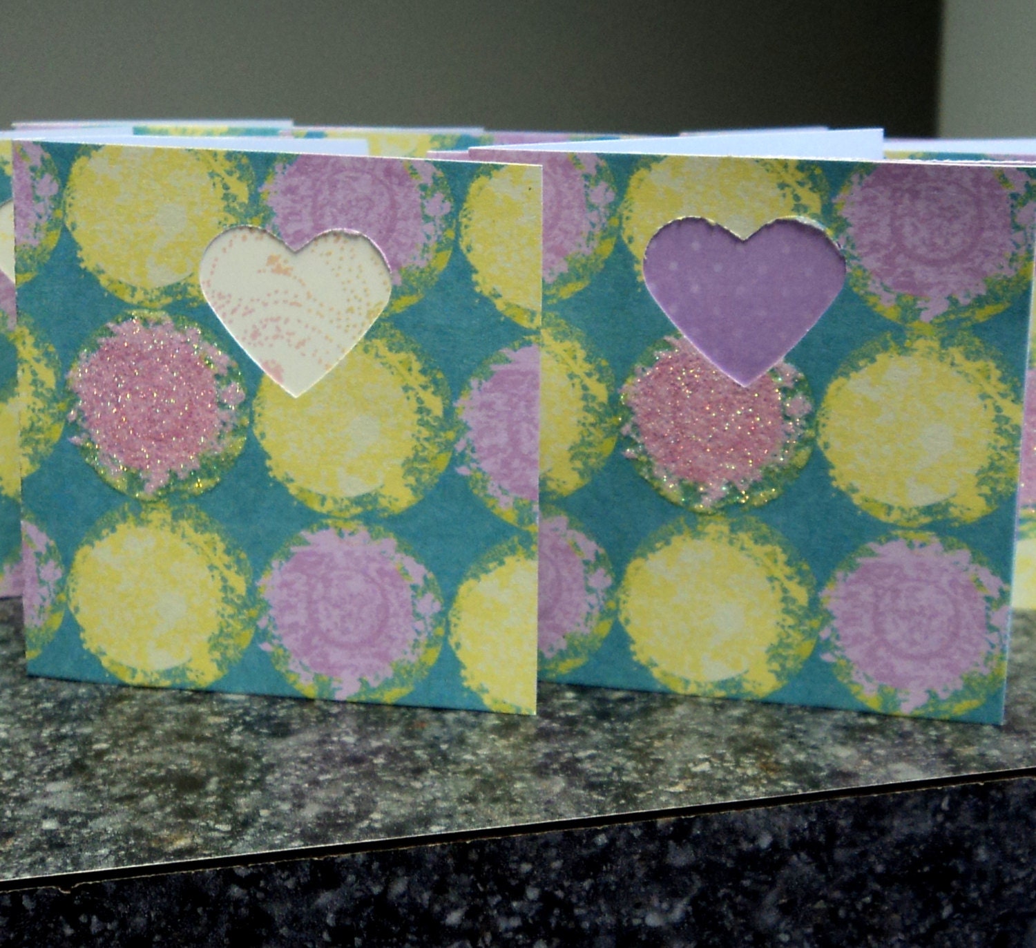 Cards 8 Note Thanks Handmade Teal Pink Yellow Heart Cut Outs Glitter