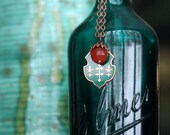 St. Patrick's Day Crest Pendant - Irish Green Royal Crest with Rust Orange Carnelian Bead - Copper - Shamrock Green