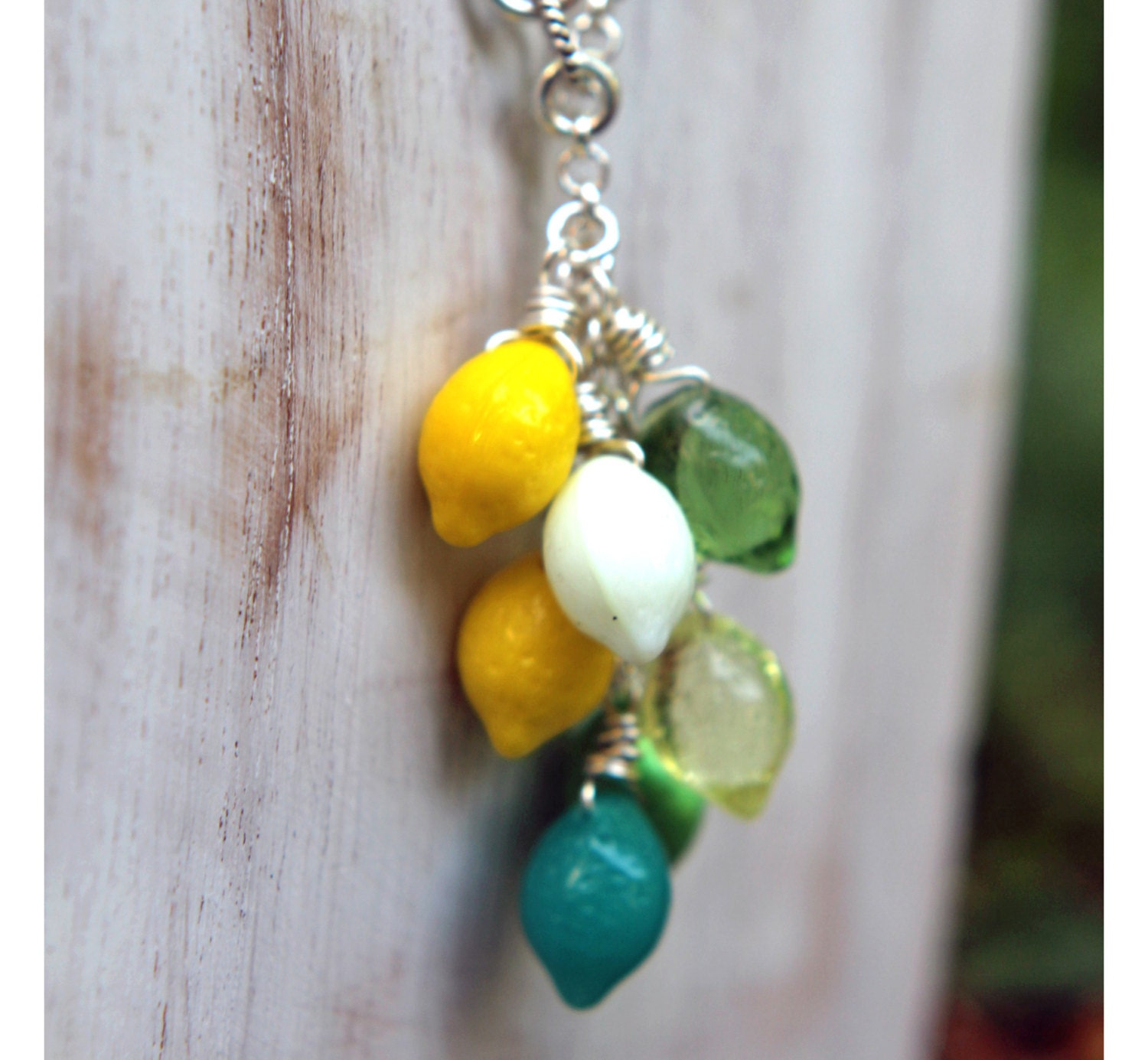 Gin and Tonic Necklace - Silver Lariat - Lemon Yellow, Lime Green, Teal, White - Retro Citrus Fruits - Tropical, Summer Fashion - Tiki