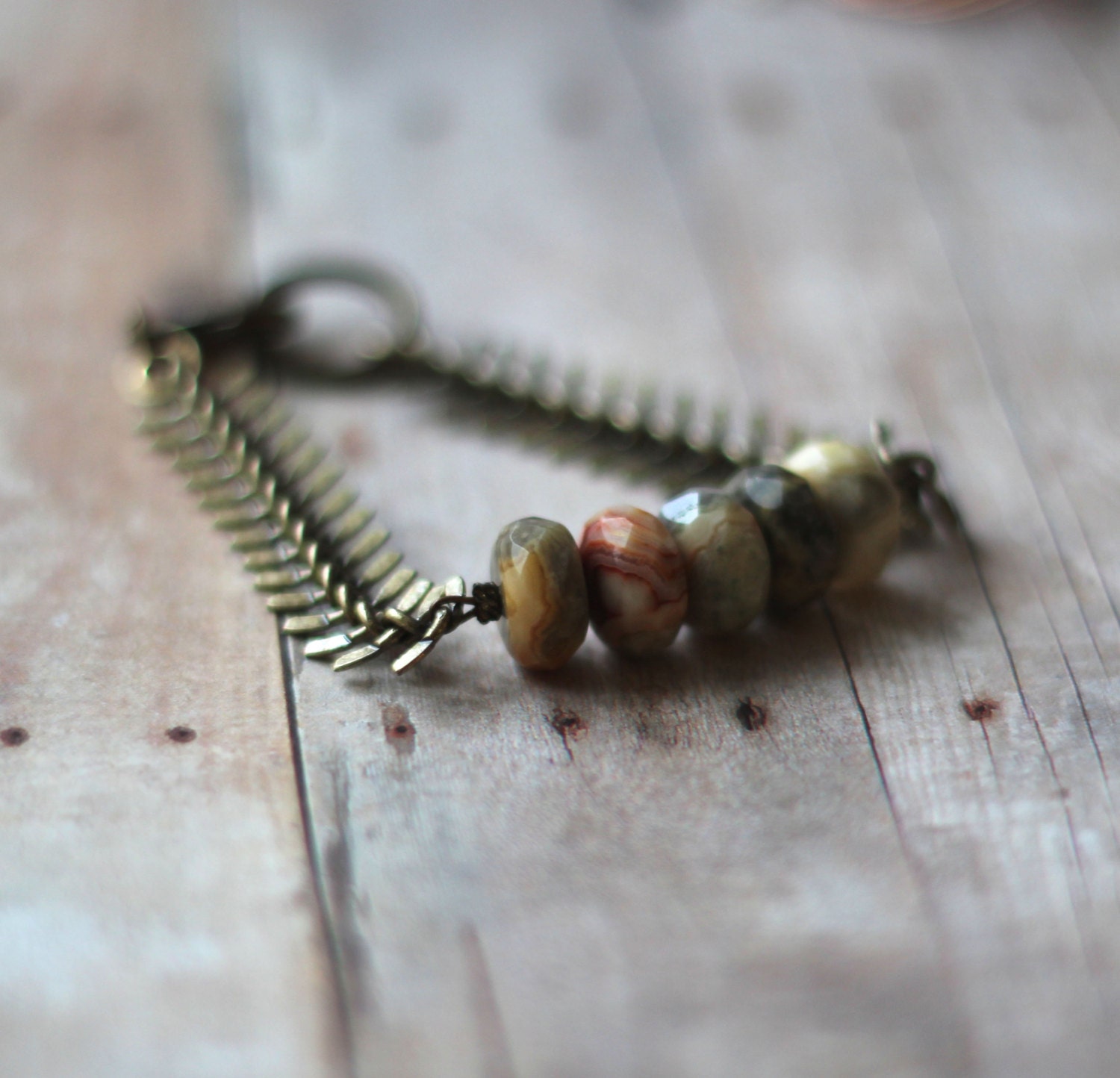 Jasper Bracelet - Boho, Bohemian, Rustic -  Faceted Jasper Gemstone Beads - Fish Bone Chain - Neutral Colors - Unisex - Gift Box