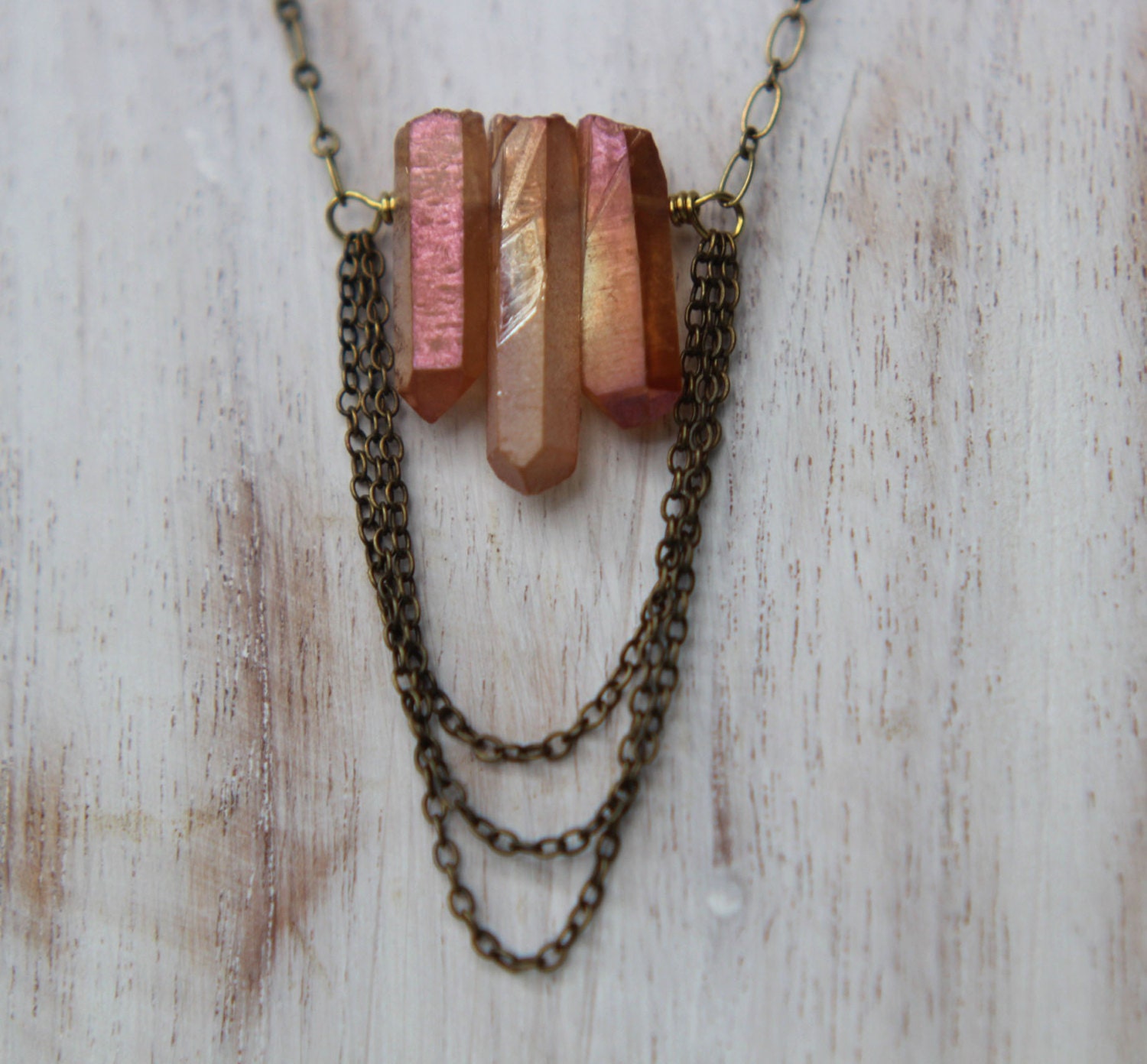 Mystic Quartz Crystal Spike Necklace - Peach Gemstone, Antiqued Brass Chain - Rocks and Minerals Collection - Gift Box