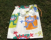 Large library bag, cotton drawstring bag for toys books storage, happy stick figures