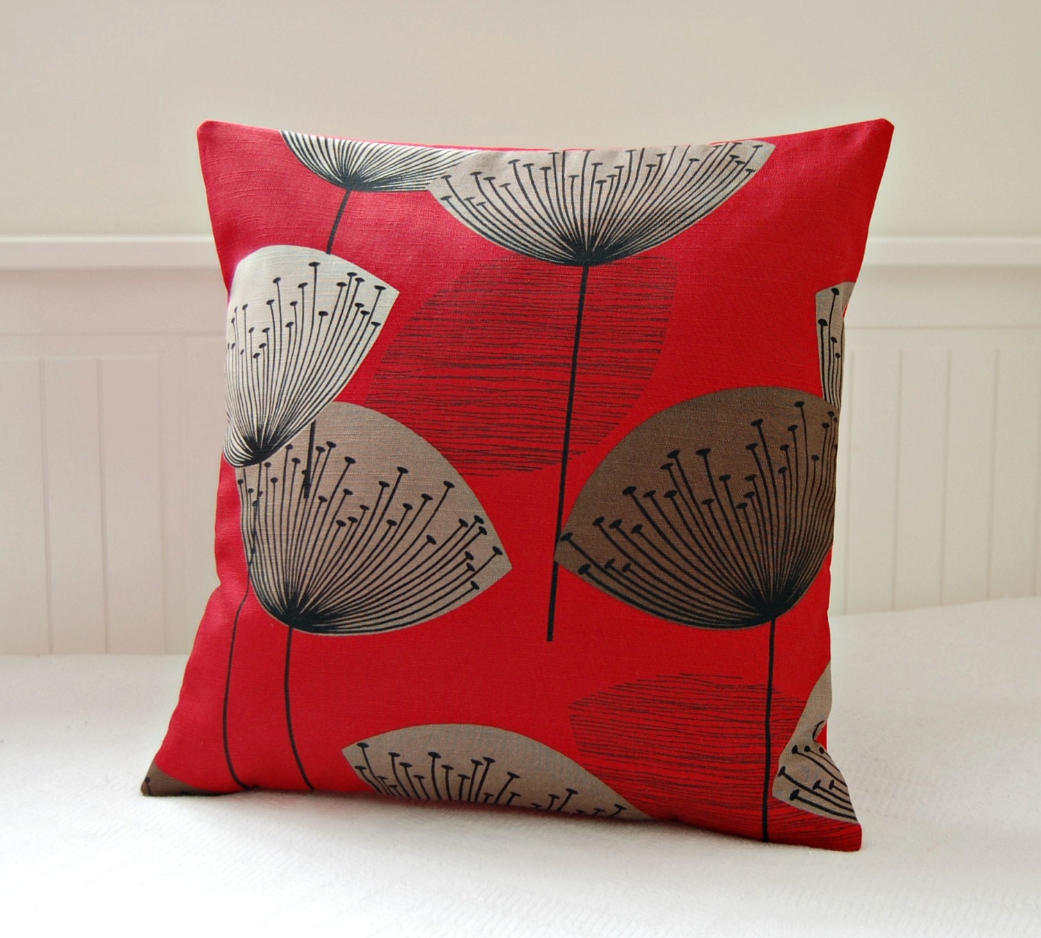 red decorative pillow cover, dandelion clocks retro cushion cover 16 inch