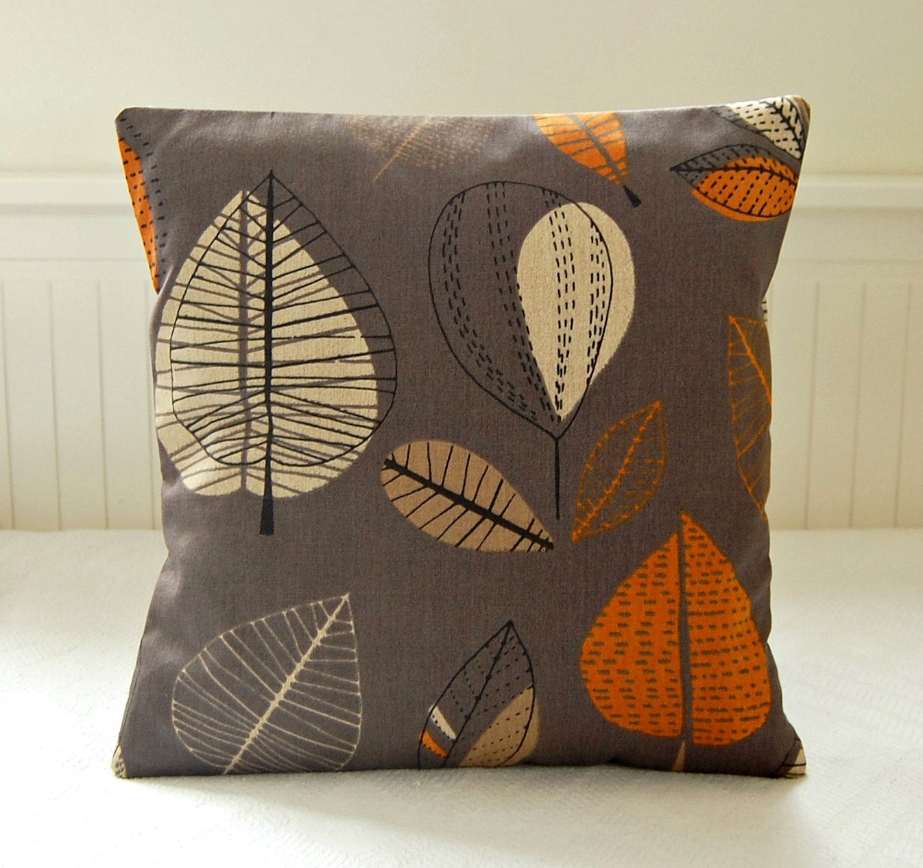 orange gray caramel cream leaves cushion cover, 16 inch grey pillow cover