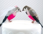 New and on Sale - Rosy Love Birds Wedding Cake Topper: Rustic Bride & Groom Lovebirds in Pink and Grey