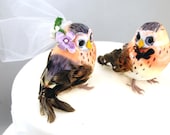 NEW and ON SALE Barn Owl Wedding Cake Topper: Rustic, Farm Bride & Groom Love Birds in Brown, Violet and Bittersweet Orange