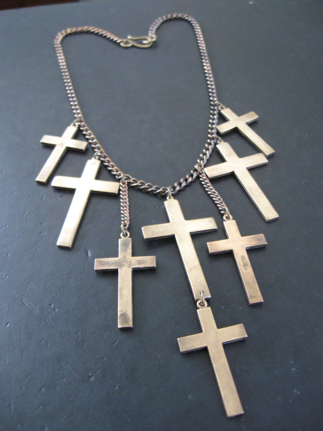 Cross Statement Necklace - Vintage Brass Oversized Cross Bib Necklace