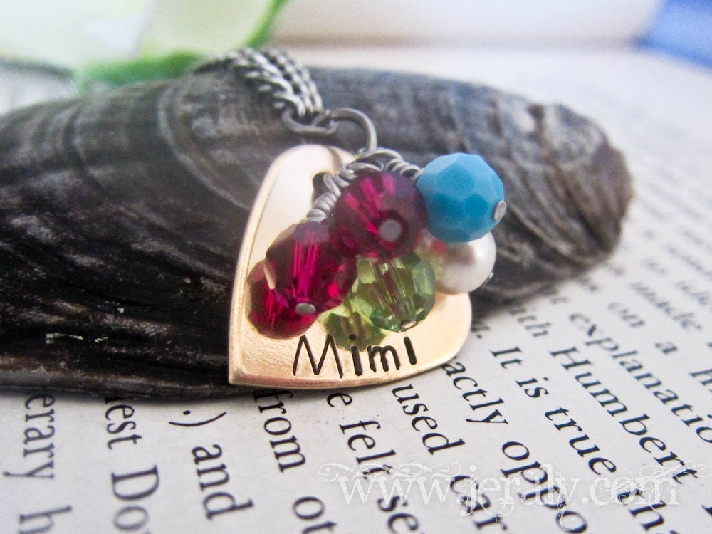 Hand Stamped Heart Necklace with Five Swarovski Crystal Birthstones - Custom Name Mother Pendant in Bronze or Copper