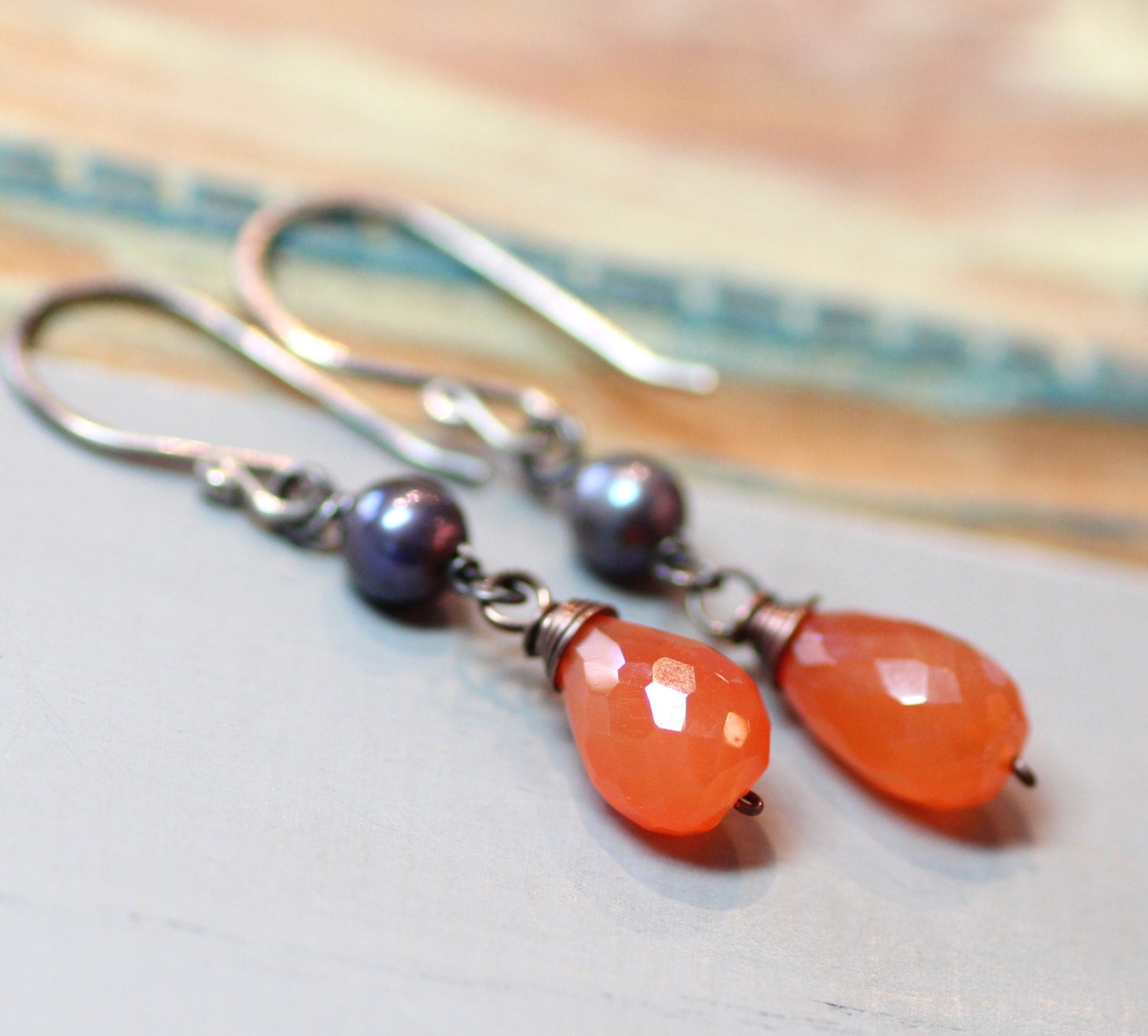 Bright Orange Earrings Carnelian Earrings Orange Gemstone Earrings Peacock Blue Pearl Rustic Copper Wire Wrapped Jewelry