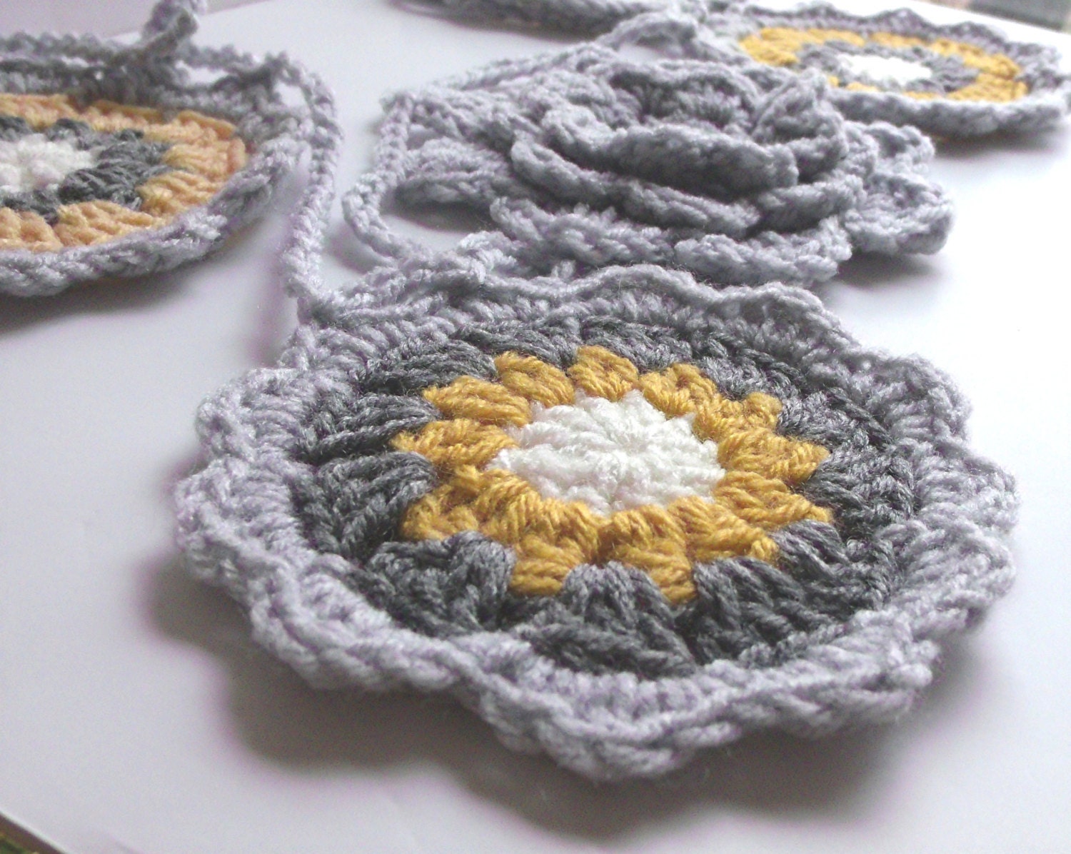 Crochet Garland Bunting - Gray and Yellow Decor - Granny Circle Crochet Flower Garland - Gray Yellow Baby Nursery / Mustard Yellow Gray