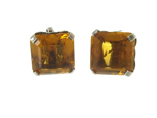 Vintage Amber Glass Earrings Sterling Silver Emerald Cut 1940s Vintage Jewelry