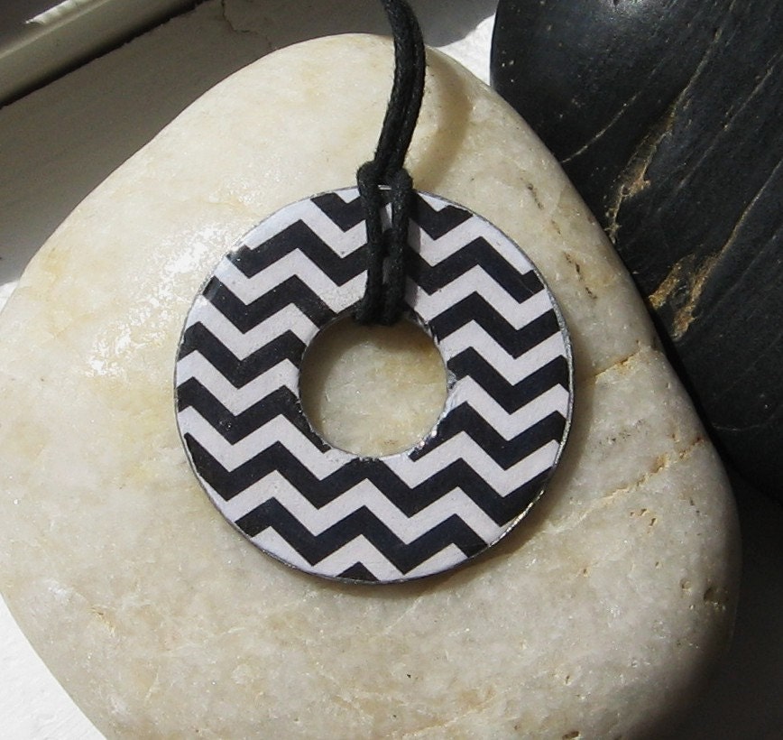 Gorgeous Modern Black and White Chevron Stripes Upcycled Paper Washer Pendant Necklace Unique Gift