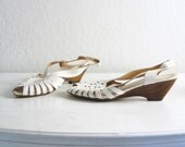 1970s FRENCH WHITE leather WEDGE sandals, 8
