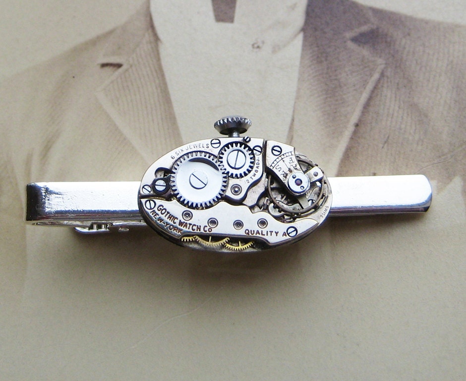 GOTHIC Steampunk Tie Clip Antique 1920 watch parts art deco NOUVEAU clasp tack bar