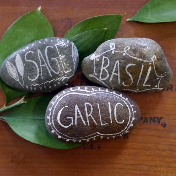 Painted Rock Herb Garden Markers, Sage, Basil, Garlic