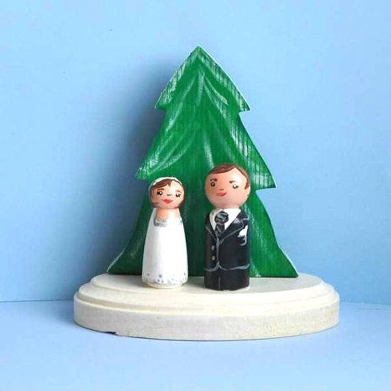 Wedding Cake Toppers - Wooden Winter Tree - Completely Custom Wooden Peg Dolls (2")