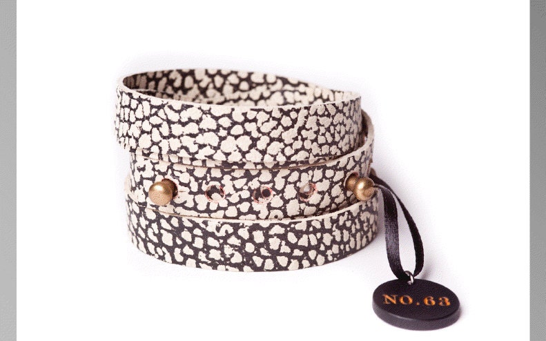 FREE SHIPPING Black and white animal print leather wrap cuff