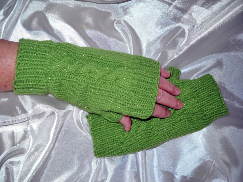 Fingerless Gloves,Thumb, Handknit, Lime Green Shimmer yarn w metallic thread, One Size, Seamless, Vegan fingerless mitts
