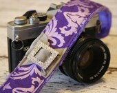 DSLR Camera Strap Patchwork and Rhinestones with Quick Release - Purple Damask Bling