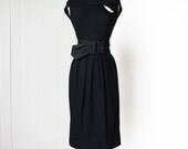 vintage 1950's dress ...vavavoom SUZY PERETTE new york black wool and grossgrain wrap shawl sailorette collar pin-up wiggle dress and belt