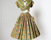 vintage 1950's dress ...fabulous ALEX COLMAN midriff baring batik novelty print full skirt cropped tie top pin-up 2pc dress