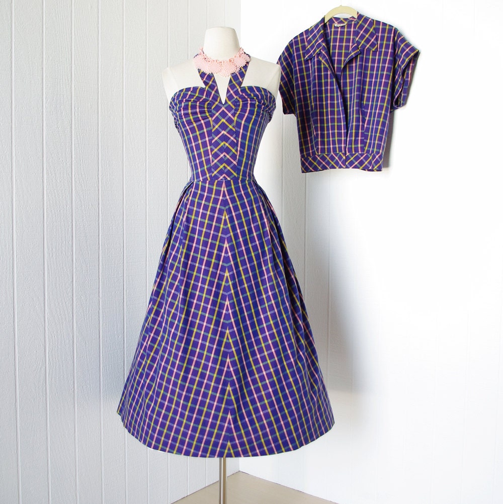 vintage 1940's dress ...beautiful BOBBY ANN ORIGINAL chevron madras striped cotton shirred bust pin-up halter dress and jacket l xl