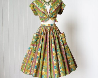 vintage 1950's dress ...fabulous ALEX COLMAN midriff baring batik novelty print full skirt cropped tie top pin-up 2pc dress