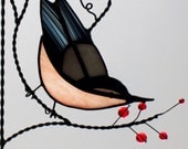 Nuthatch  bird/ stained glass window corner /top- left/ NEW garnet berries