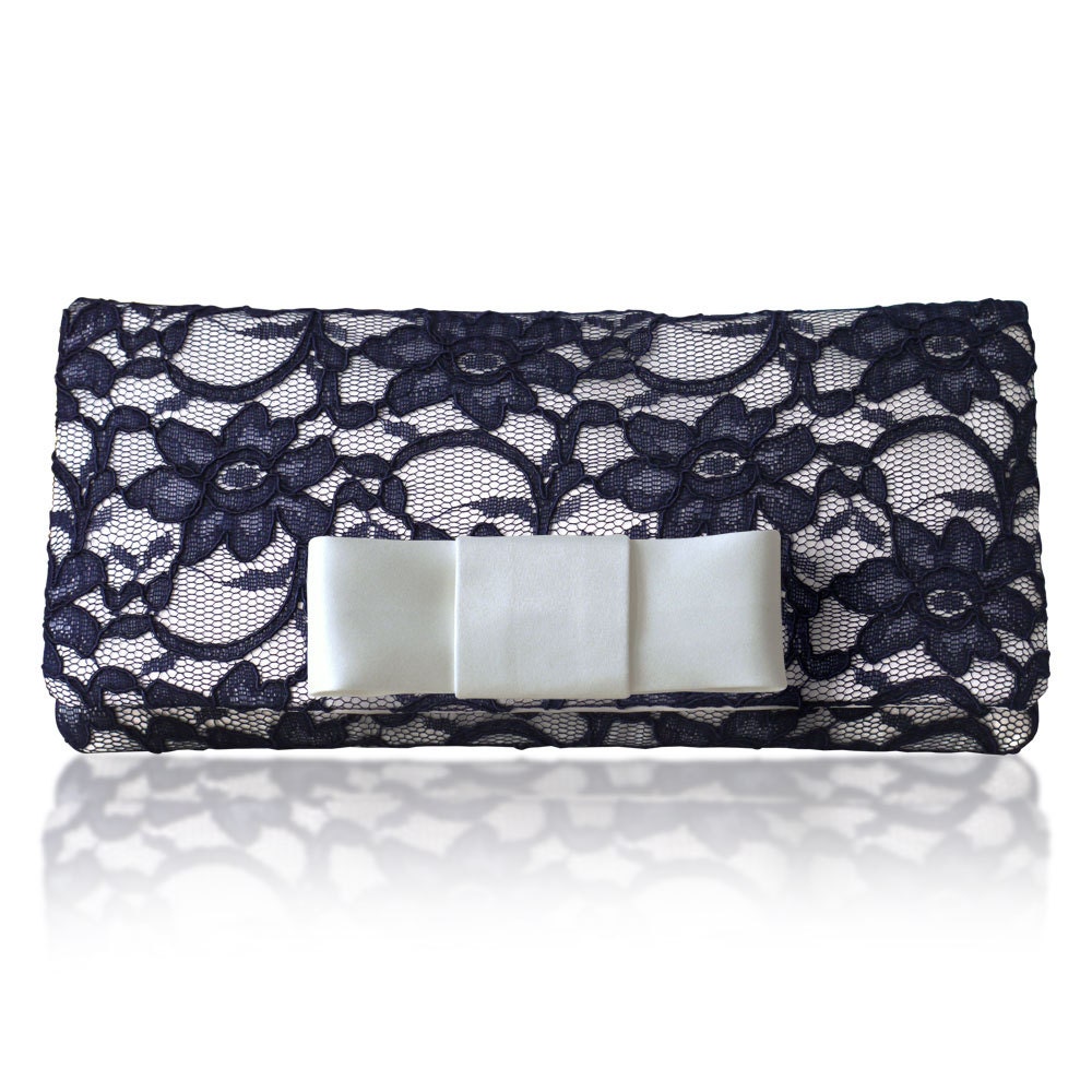 Ivory and navy lace Astrid bow clutch purse