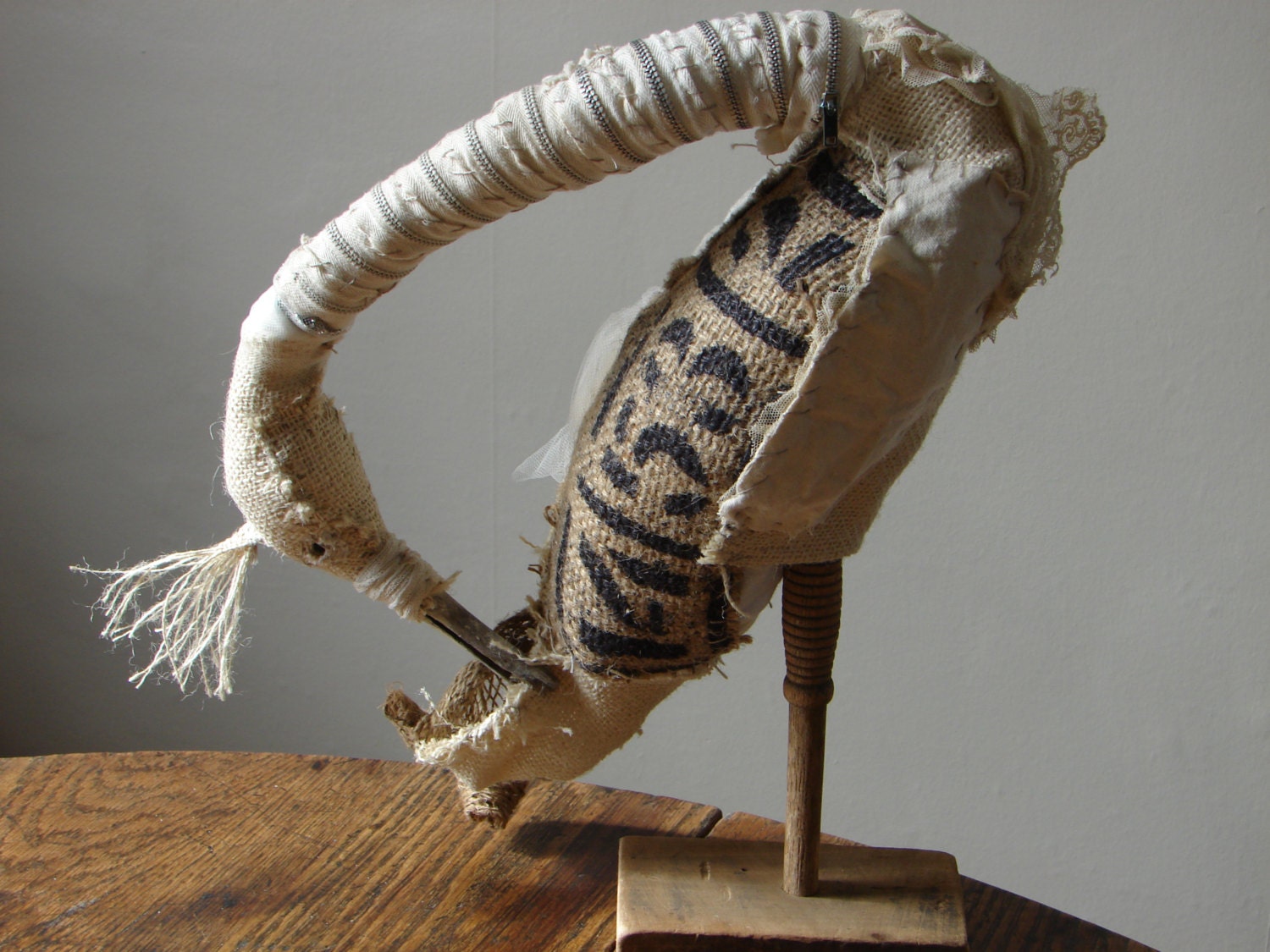 Fiber art bird, Primitive bird with burlap wing