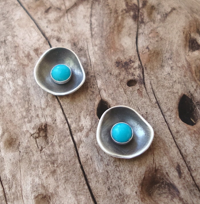 Turquoise Studs Cup Earrings Sterling Silver 3mm cabochon semiprecious stones Gift for Her Jewelry Summer Beach post earrings every day