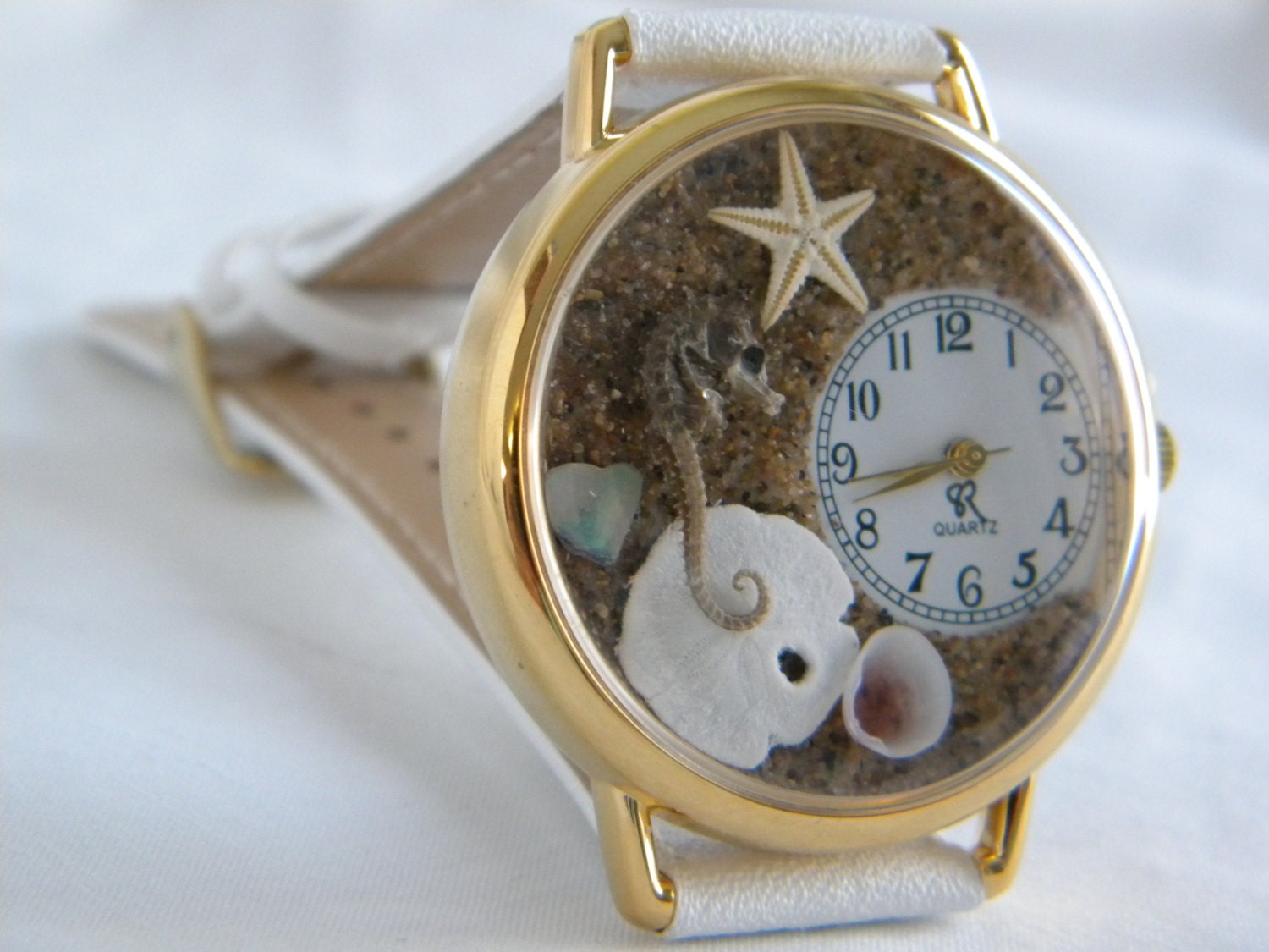 Seahorse Watch with Starfish Abalone Sand Dollar and Apple Blossom Shell