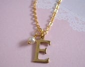 Brass Initial Necklace, Tiny Glass Pearl Gold Necklace, Letter Charm Personalized Jewelry