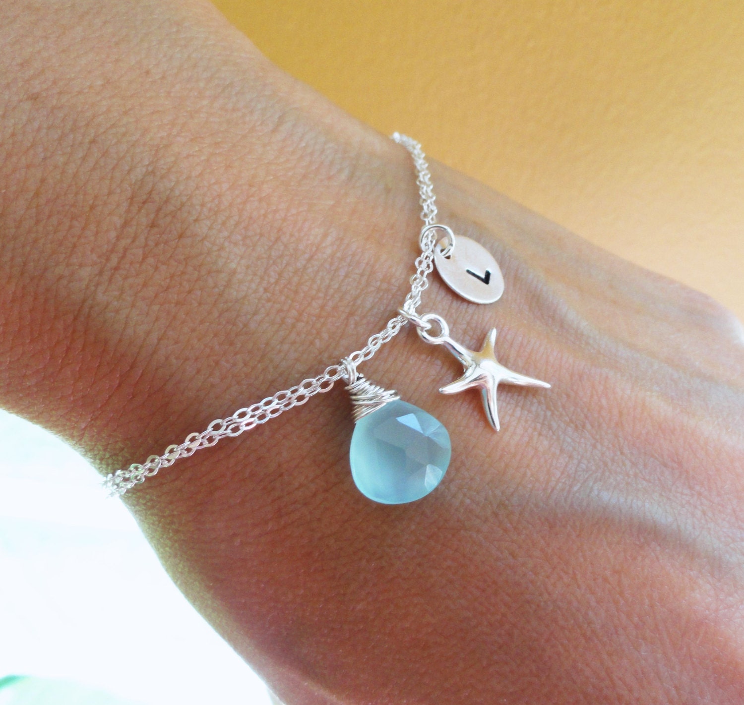 Silver Starfish charm bracelet, Personalized bridesmaid gifts, destination wedding, aqua starfish bracelet with custom stone & initial
