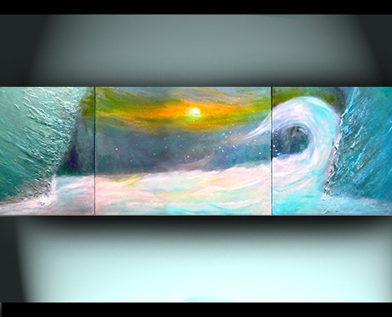 Large OCEAN SEASCAPE beach ORIGINAL painting custom teal triptych impasto contemporary modern fine art leearte - Carol Lee Art Studio