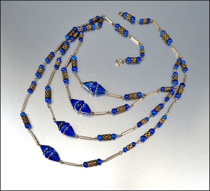 Czech Art Deco Necklace Lapis Glass Festoon Brass Silver Vintage 1920s Art Deco Jewelry