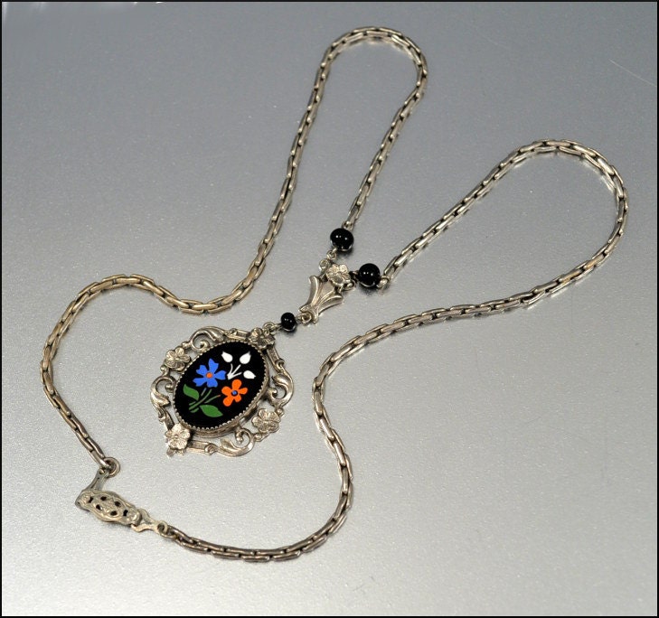 Art Deco Necklace Silver Glass Enamel Flower Vintage 1930s Art Deco Jewelry