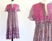 70s Vintage India Tent Cotton Silver Metallic Lurex Stripes Boho Hippie Sheer Indian Ethnic Festival Maxi Dress . XS . SM . No.269.4.25.13
