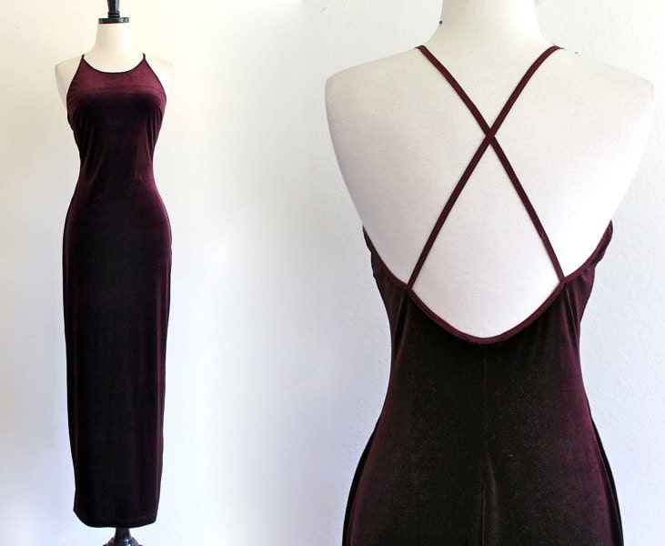 Sexy Dark Purple Velvet Goth Steampunk Bandage Bodycon Backless Cocktail Maxi Dress . SM . D178 . No.316.5.23.13