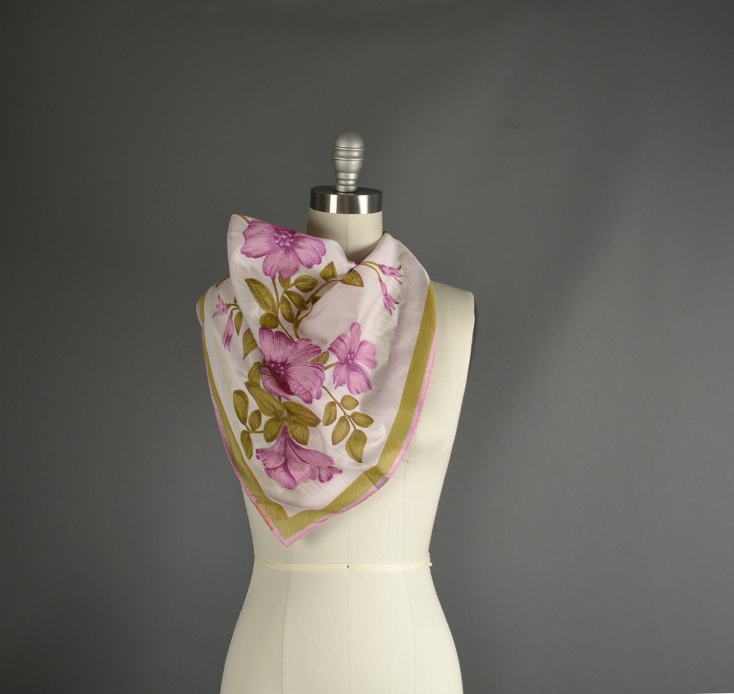 Vintage 1960s Scarf, 60s floral scarf violet sage green white spring