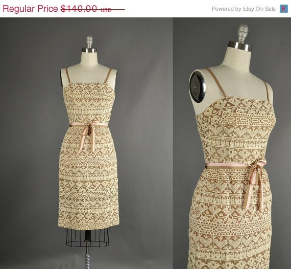 25% Off Sale Vintage 1950s Dress, 50s Dress wiggle embroidered designer Carlye embroidered party dress