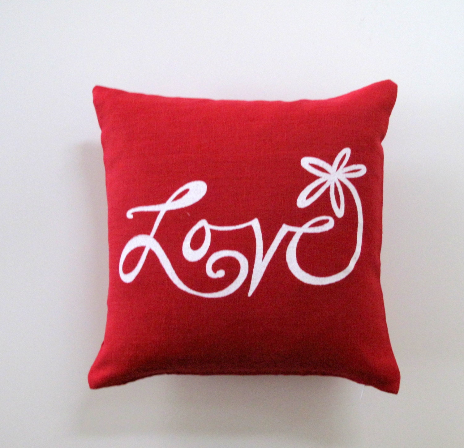 Pillow Cover Cushion Cover White Love Flower on Red Linen  - 12 x 12 inches