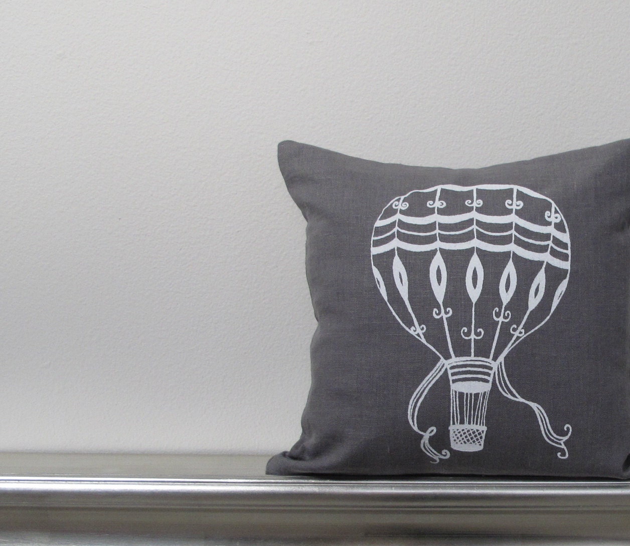 Pillow Cover - Vintage Hot Air Balloon in White on Gray Linen- 12 x 12 inches by Sweetnature Designs - SweetnatureDesigns