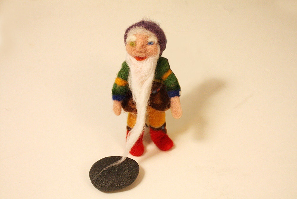 Needle Felted Waldorf Gnome, Handmade Art Doll, gift Leprechaun statue, Steiner Dwarf Elf, mancave decor, green jacket, lilac cap, red boot