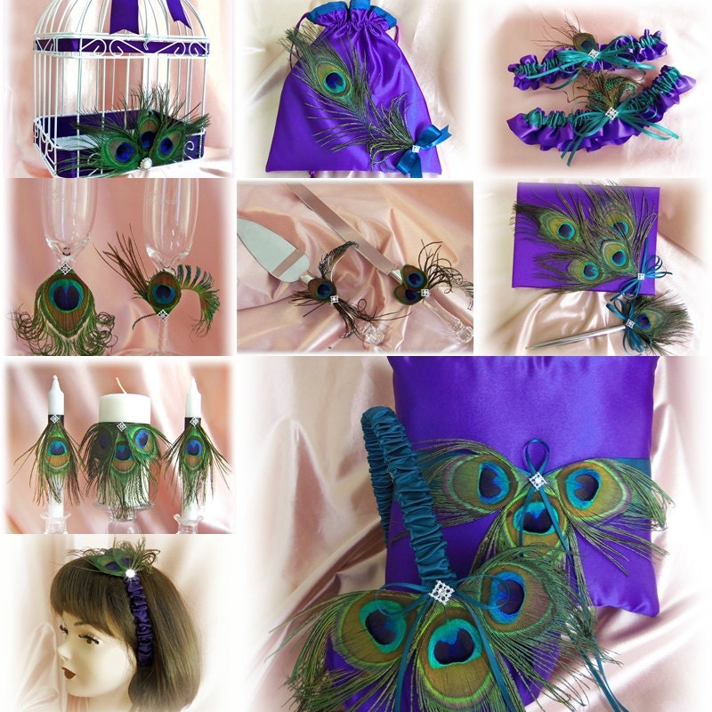 Peacock wedding basket, pillow, guest book, flutes, cake set, garters, bag, candles, card box, headband - Purple and Teal Weddings