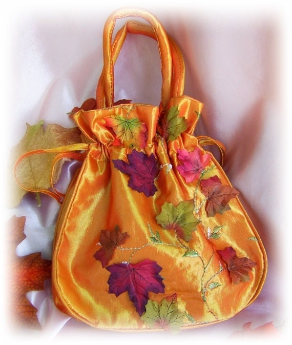 Fall Leaves Bridal Purse Bag - Burnt Orange Maple Leaves Drawstring Bag - Fall Weddings Bridal Accessories