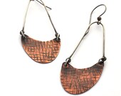 Long Silver and Copper Earrings, Large Textured Dangles, Crosshatch Texture, Dangle Earrings, Copper and Silver