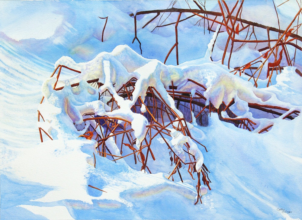 Winter Landscape Painting, original watercolor painting by Cathy HIllegas, white, blue, purple, yellow, red, brown, original painting