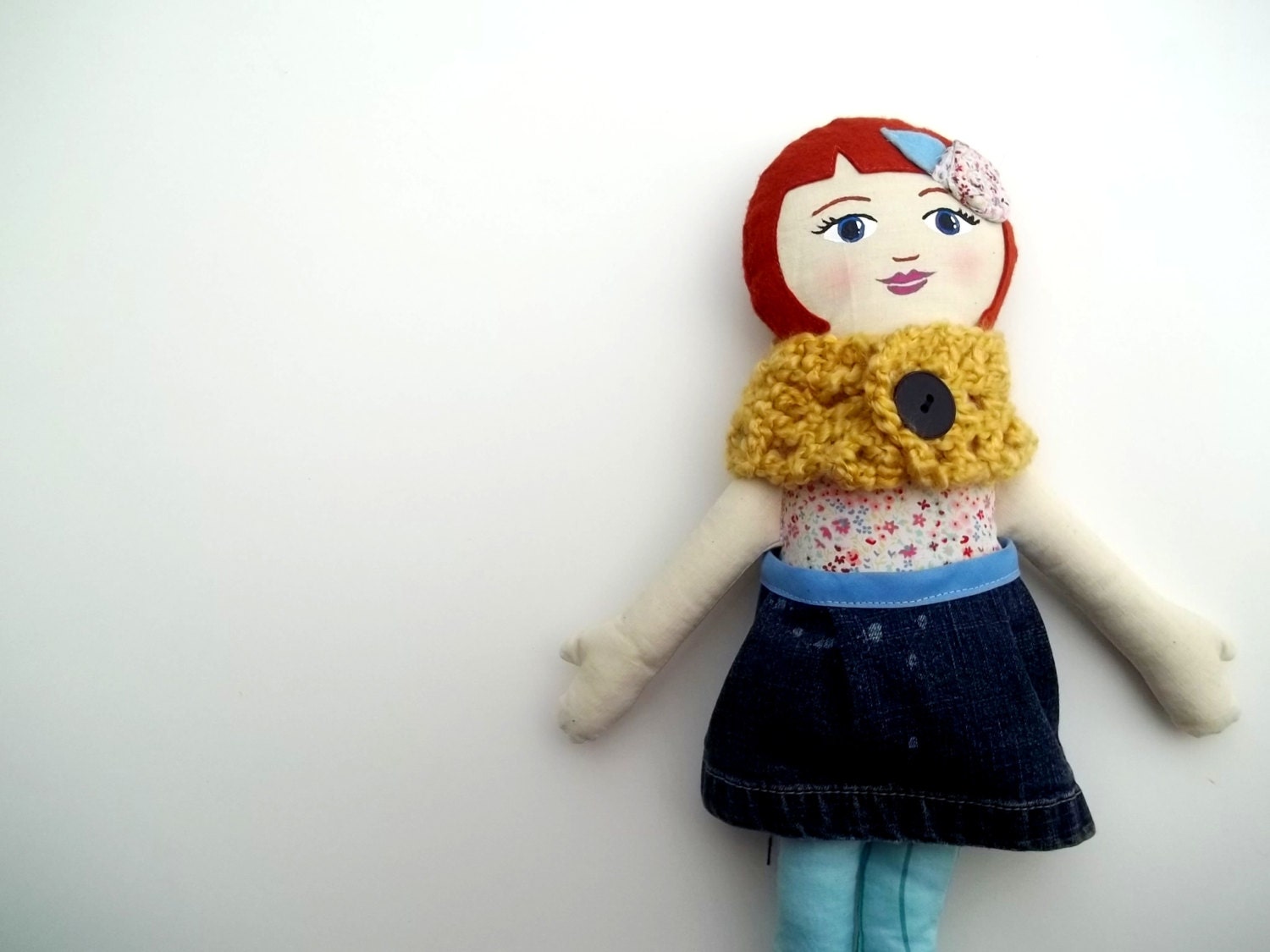 Fabric Doll Red Hair, Yellow Cowl, Denim Skirt